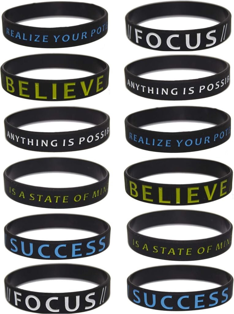 (10-Pack) Motivational Silicone Rubber Wristband Bracelets for Adults, Men and Women; Inspirational Silicone Word Bracelets for Success, Focus and Believe; Black, Green and Blue Rubber Band Bracelet