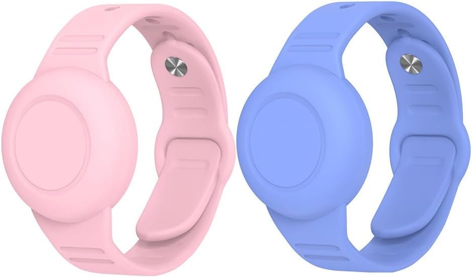 Alsukeay 2 Pack Waterproof Airtag Bracelet for Kids Soft Silicone Hidden Wristband Protective Case Cover GPS Tracker Holder Compatible with AirTag Watch Band for Children (Pink/Blue)