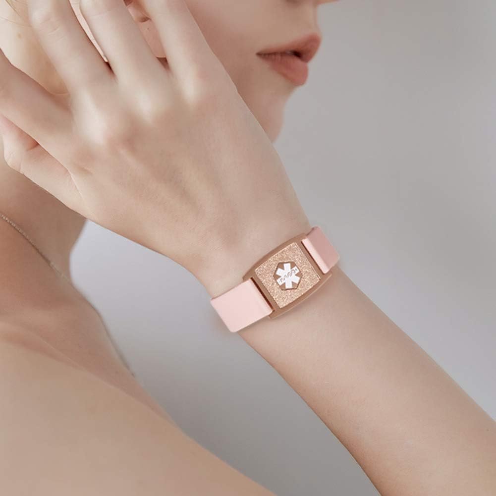 BBX JEWELRY Personalized Silicone Sports Medical ID Alert Bracelets Waterproof Rose Gold Emergency ID Bracelets for Women Free Engraving