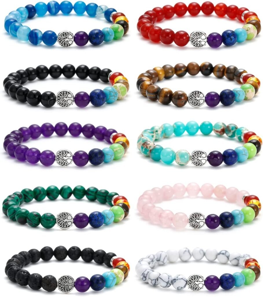 BOMAIL 10Pcs Tree of Life Healing Crystals Bracelet - 7 Chakra Semi Precious Stones Beaded Bracelets Yoga Stress Relief Reiki Stretch Bracelets for Women Men BOMAIL 10Pcs Tree of Life Healing Crystals Bracelet - 7 Chakra Semi Precious Stones Beaded Bracelets Yoga Stress Relief Reiki Stretch Bracelets for Women Men
