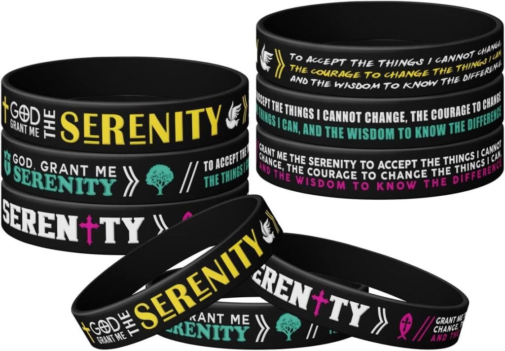 BQL (12-pack Serenity Prayer Bracelets Silicone Wristbands, Inspirational Rubber Wristbands with Motivational Messages, Black Silicone Inspirational Quote Bracelets, Unisex Sobriety Recovery Gifts-1