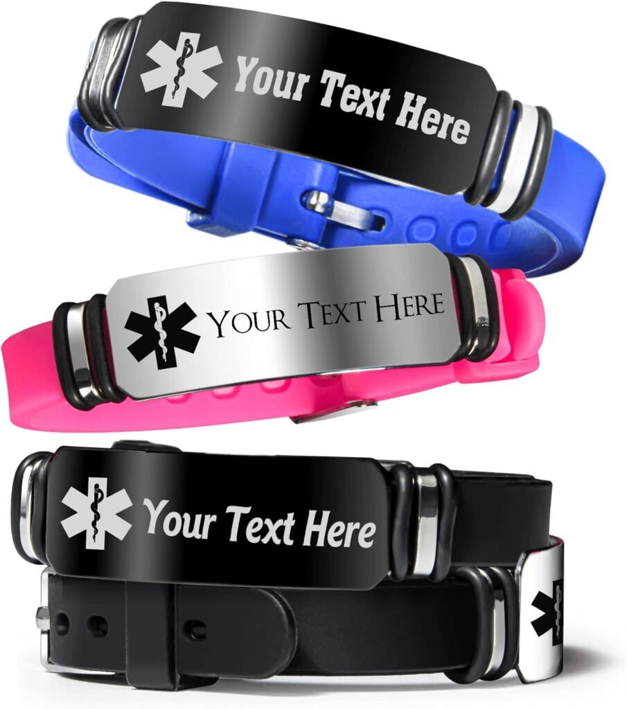 Caramel Sweet Life Medical Alert Bracelets for Men, Personalized Medical Bracelets for Women with Adjustable Silicone Wristband in Color Black, Red, Pink, Blue