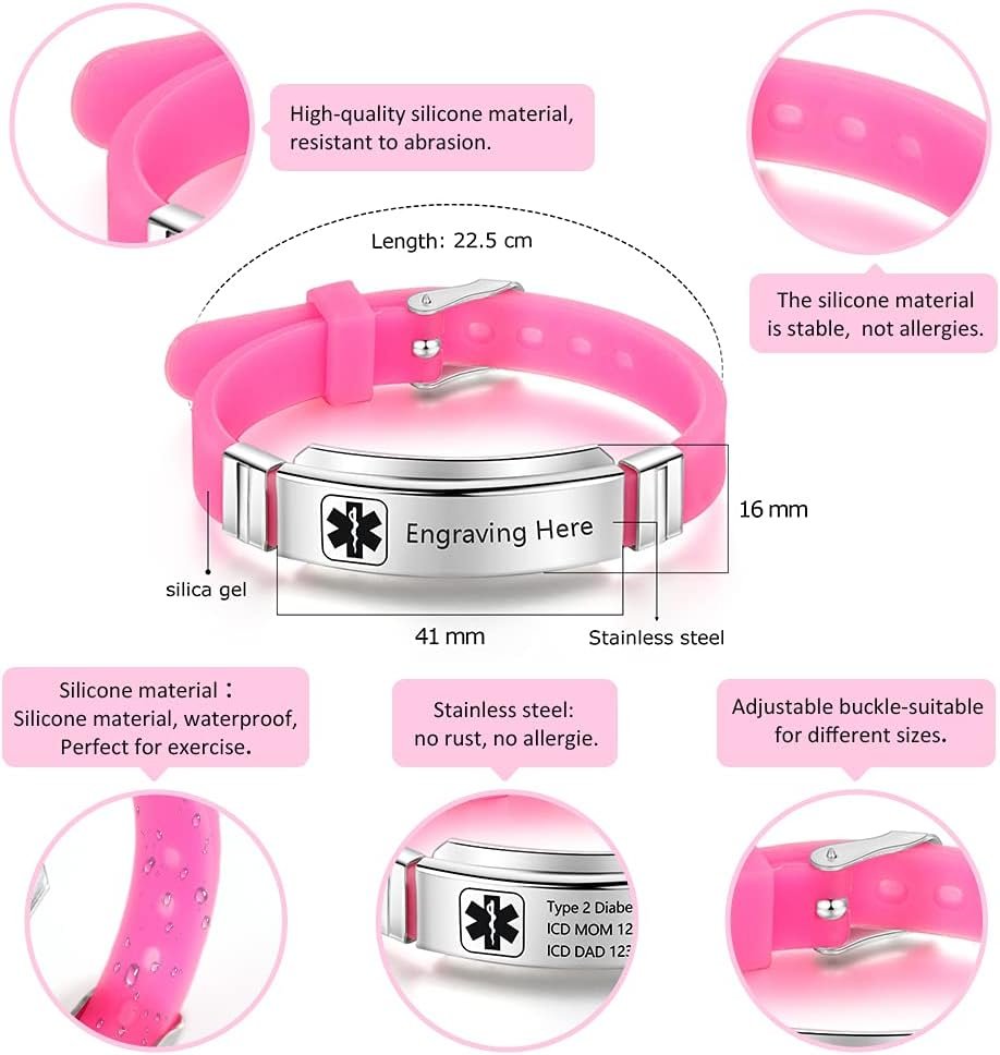 Fortheday Personalized Medical Alert Bracelets for Women Men Kids Adjustable Silicone Medical Bracelets Custom Waterproof Life Medical ID Bracelets Alert Bracelets