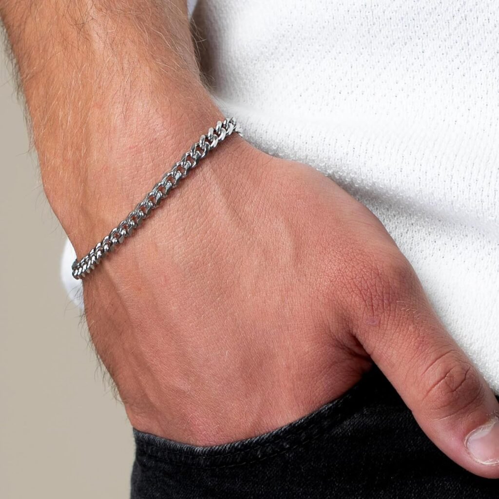Galis Mens Bracelet - Cuban Link Chain For Men Silver Plated Over Premium Stainless Steel, This Silver Cuban Link Chain is THE gift for your man in life, Silver Bracelet For Men 7 long and 5mm thick Galis Mens Bracelet - Cuban Link Chain For Men Silver Plated Over Premium Stainless Steel, This Silver Cuban Link Chain is THE gift for your man in life, Silver Bracelet For Men 7 long and 5mm thick