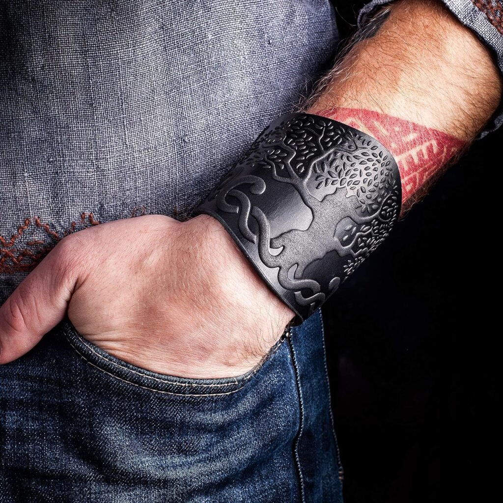 Igdrasil The Tree of Life Black Leather Viking Bracelet for Men - Leather Cuff Bracelets Wristbands - Punk Axe Сuffs Wristband - Size M 6-7 inches 90dc Igdrasil The Tree of Life Black Leather Viking Bracelet for Men - Leather Cuff Bracelets Wristbands - Punk Axe Сuffs Wristband - Size M 6-7 inches 90dc