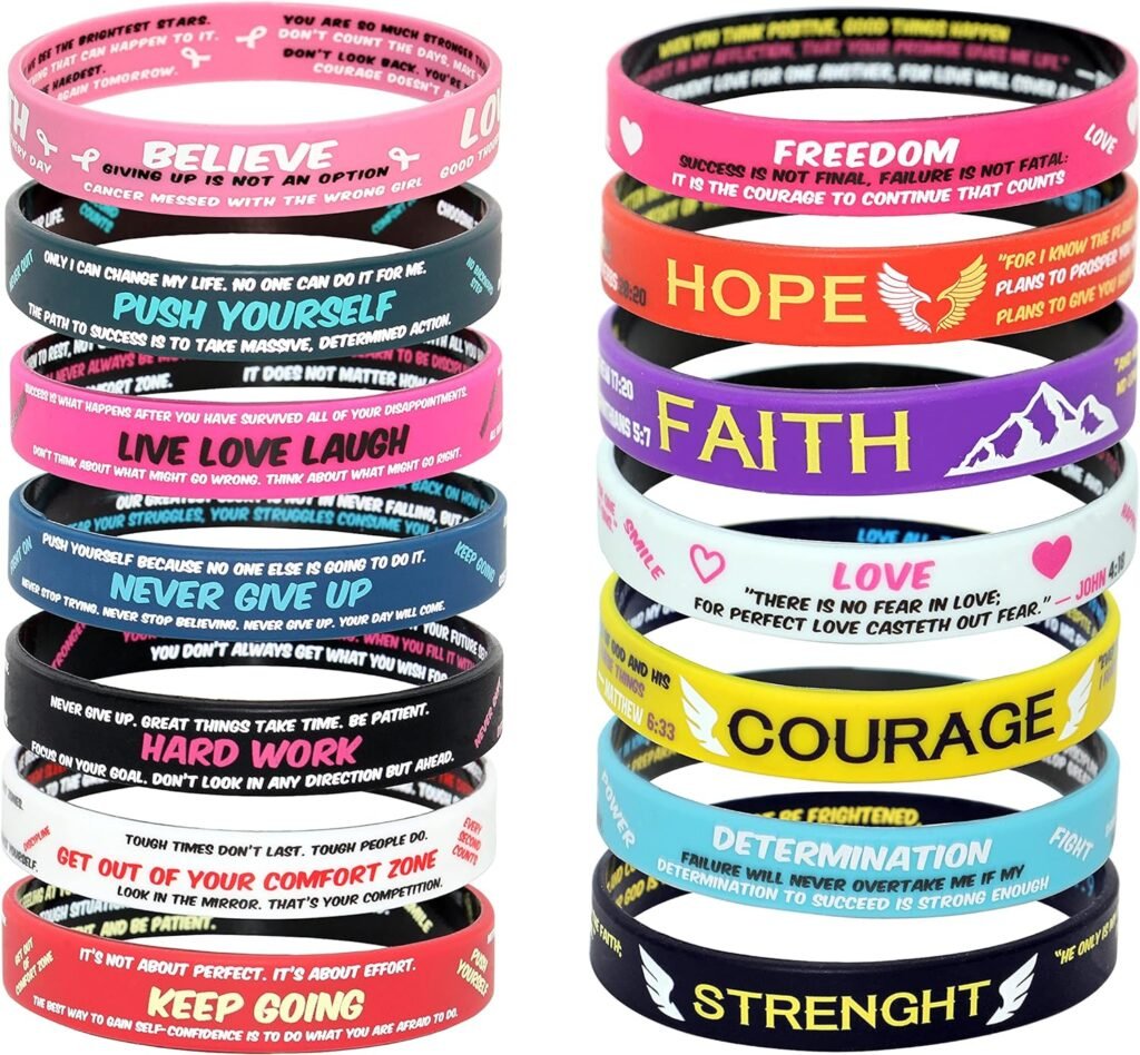 Inspirational Silicone Bracelet - Motivational And Religious Quotes On Both Sides Of Wrist Bands - Great For Men And Women Who Are Going Through Difficult Times - 14 Pack Rubber Bracelets