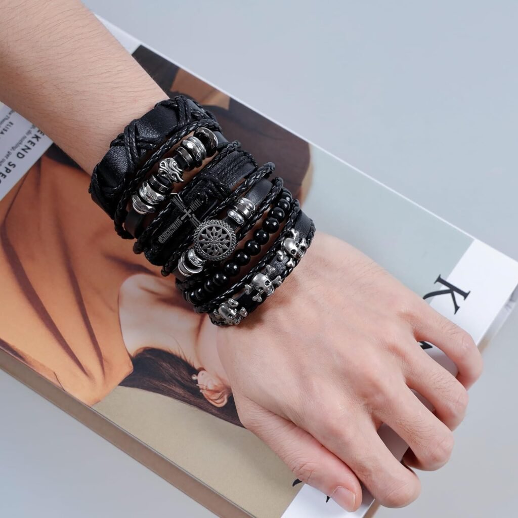 JJDreams Leather Bracelets Black PU Braided Bracelet Set Metal Beads Cuff Bracelet for Men 6pcs JJDreams Leather Bracelets Black PU Braided Bracelet Set Metal Beads Cuff Bracelet for Men 6pcs