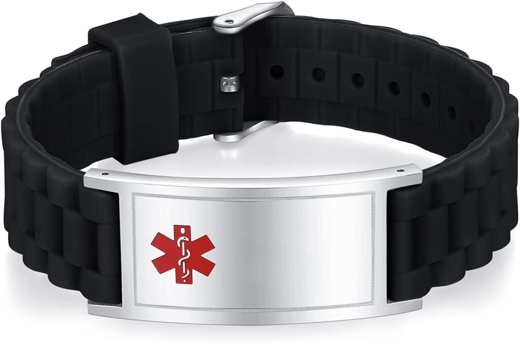 LinnaLove Silicone Sport Medical Alert ID Bracelet for Men Diabetes Emergency Medical ID Bracelet Free Engraving