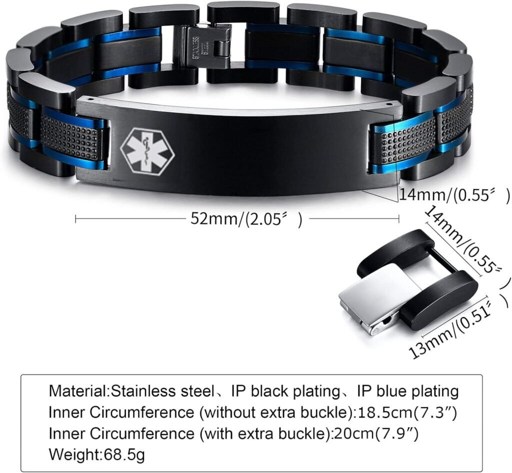 MEALGUET Custom Free Engraving Stainless Steel 2-Tone Black Brushed Medical Alert Link Wristband ID Bracelet for Men MEALGUET Custom Free Engraving Stainless Steel 2-Tone Black Brushed Medical Alert Link Wristband ID Bracelet for Men