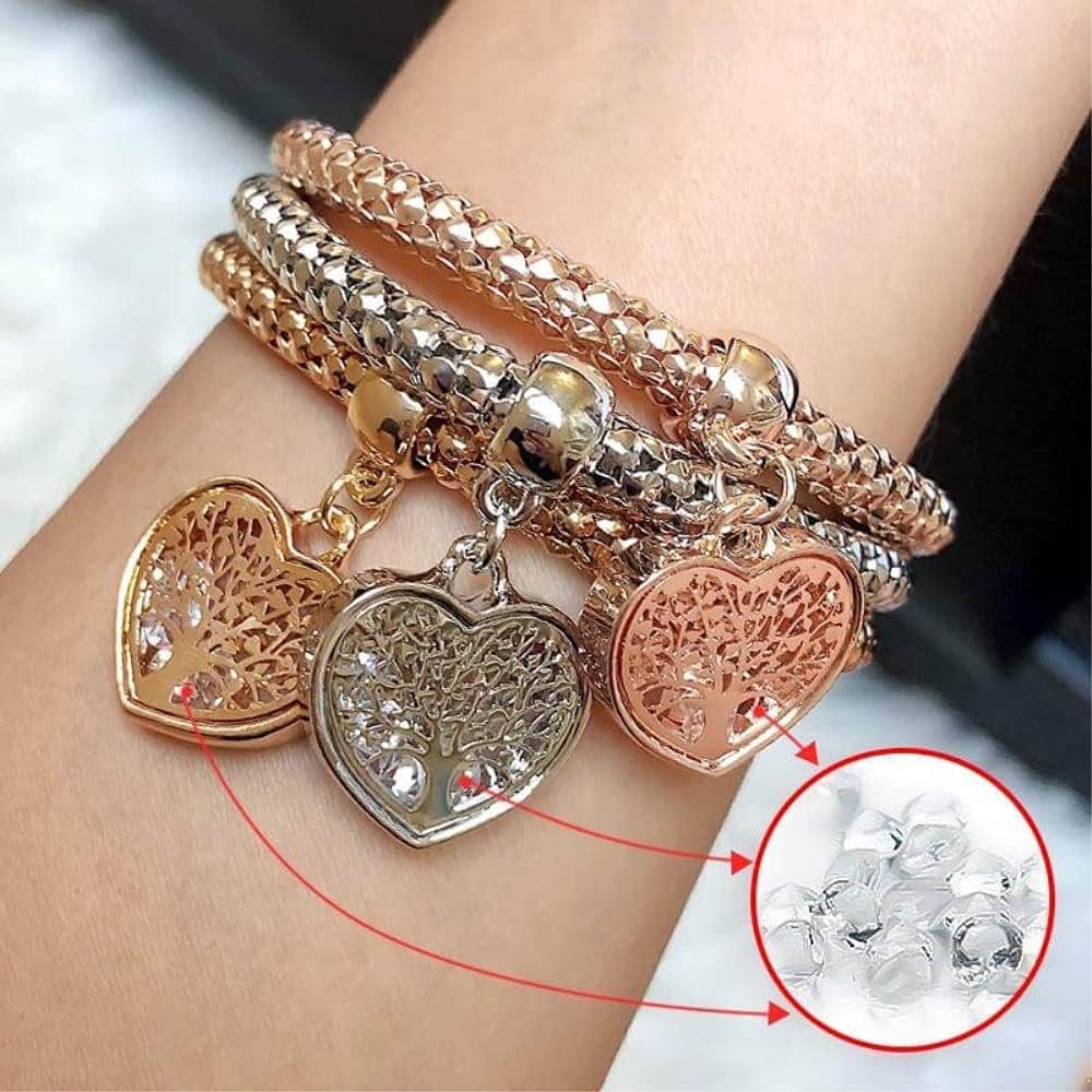 SILANER Crystal Charms Multilayer Bracelets - 3PCS Gold/Silver/Rose Gold Corn Chain Bracelet for Women, Tree of Life Heart Shaped Stretch Bracelet SILANER Crystal Charms Multilayer Bracelets - 3PCS Gold/Silver/Rose Gold Corn Chain Bracelet for Women, Tree of Life Heart Shaped Stretch Bracelet