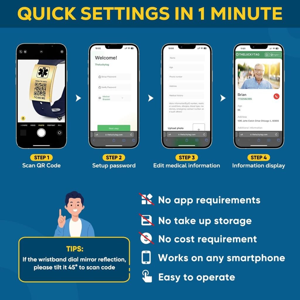 Theluckytag Medical Bracelets for Men Women with QR Code Medical Alert ID Bracelets Sport Boy Girl - Silicone Waterproof Wristband Fits Wrists Up to 9 inches - More Space Custom Emergency Medical ID Alert Information