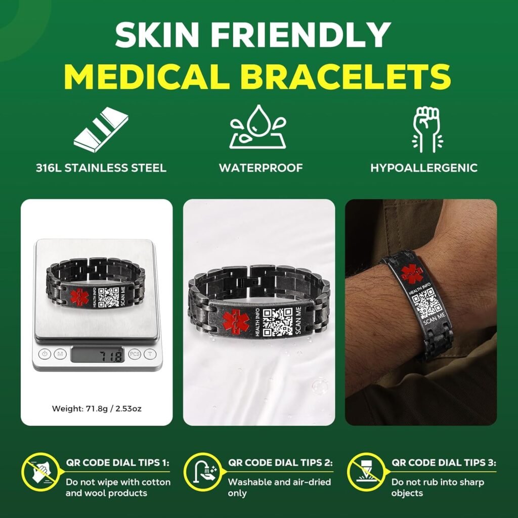Theluckytag Upgraded Medical Bracelets Men Women with QR Code Medical Alert ID Bracelets - Titanium Steel Wristband Fits Wrists Up 8-10 - More Space Custom Emergency Medical ID Information Theluckytag Upgraded Medical Bracelets Men Women with QR Code Medical Alert ID Bracelets - Titanium Steel Wristband Fits Wrists Up 8-10 - More Space Custom Emergency Medical ID Information