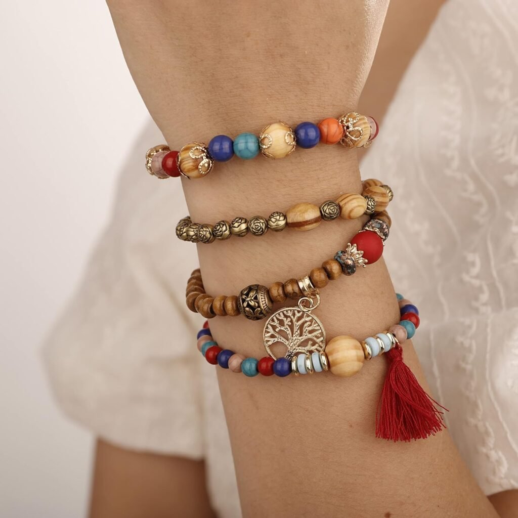 YERTTER Bohemian 4pcs Layered Beaded Stretch Stackable Bracelet Multi-Color Tree of Life Pendant Tassel Bracelet Vintage Strand Bracelet Set for Women Girls YERTTER Bohemian 4pcs Layered Beaded Stretch Stackable Bracelet Multi-Color Tree of Life Pendant Tassel Bracelet Vintage Strand Bracelet Set for Women Girls